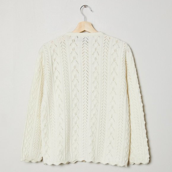 Vtg 50s Cream Open Knit Scalloped Cardigan M - Picture 6 of 7